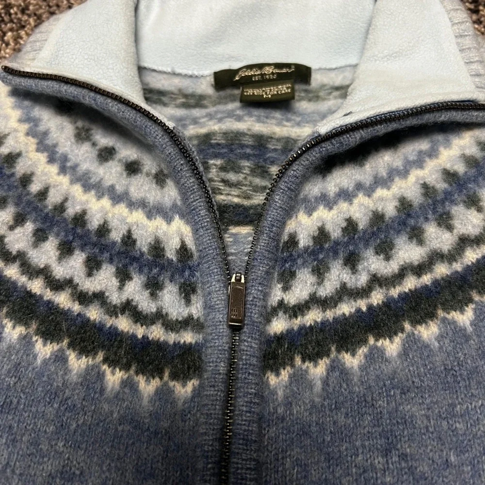 Eddie Bauer 100% Lambswool Fair Isle Nordic Zip Cardigan Sweater M Vintage‎